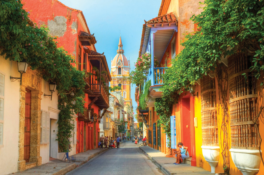 Colourful streets frame the Cathedral of Cartagena in Colombia