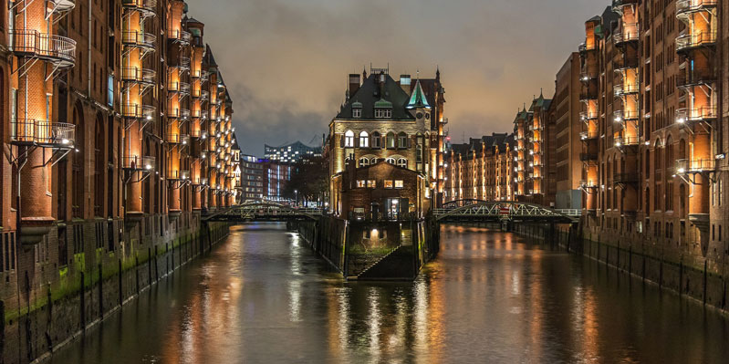 Historical Speicherstadt at night