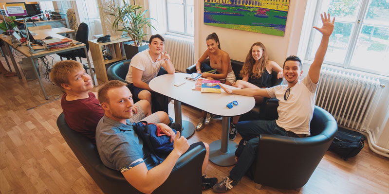 Practicing German in the student lounge
